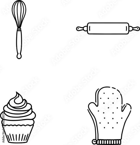 Line art illustration of kitchen tools including a whisk rolling pin cupcake and oven mitt on white