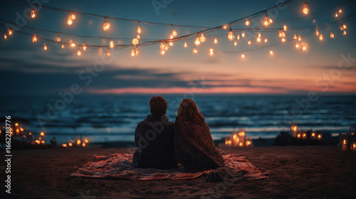 Fototapeta Naklejka Na Ścianę i Meble -  Romantic beach date night couple watching sunset with string lights photography