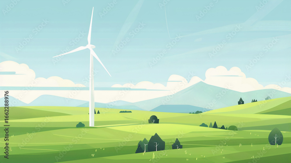 Obraz premium wind turbine in green landscape with mountains and blue sky