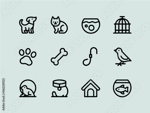 Vector pet care icons set vector illustration of dog cat bird fish bone paw house collar and other animal elements