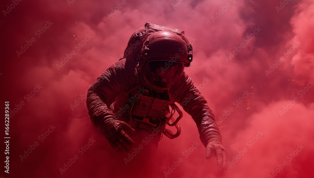 Obraz premium Astronaut emerges from red nebula, exploring unknown space frontiers