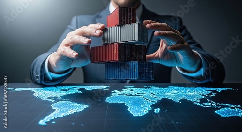 Business man stacking cargo containers over glowing world map global logistics