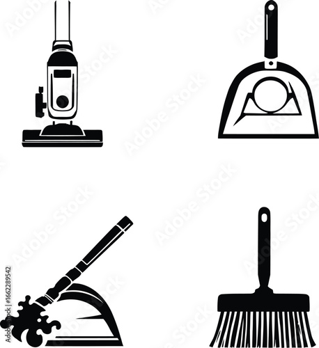 A collection of cleaning tools including a vacuum cleaner, dustpans, and a broom in black and white
