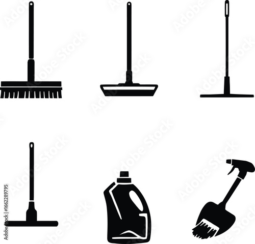 A collection of cleaning supplies featuring various mops, a spray bottle, and a cleaning solution bottle