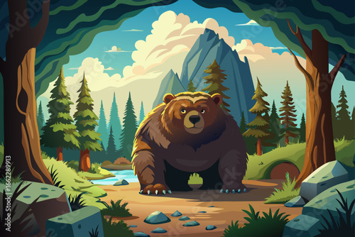 vector of Bear: Lives in big forests. It is strong and big and sometimes goes to the cave for hibernation.