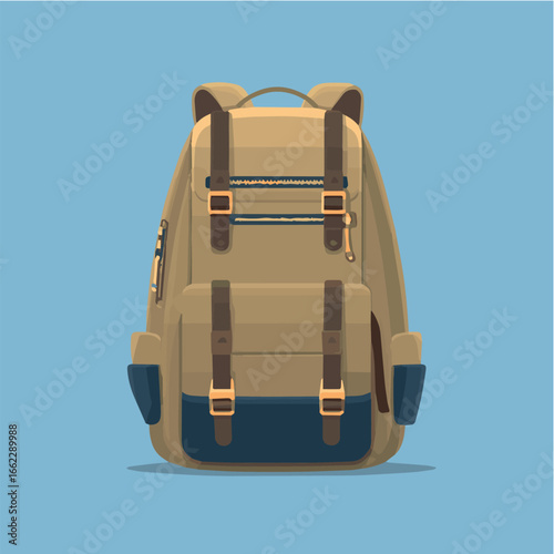 Vector illustration of a tan backpack for travel hiking or school with straps and pockets for storage and style