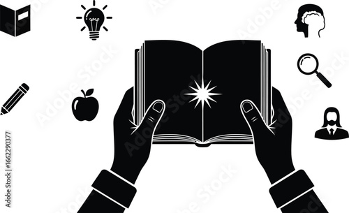 Hands holding an open book with a bright light emanating from its pages surrounded by educational icons