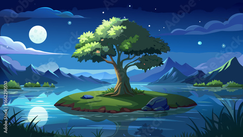 A solitary tree stands at night upon a tranquil lake island, moonlight shimmering gently, water reflecting serenity, quiet shadows weaving calm, timeless stillness captured through realistic vector ar