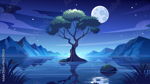 A solitary tree stands at night upon a tranquil lake island, moonlight shimmering gently, water reflecting serenity, quiet shadows weaving calm, timeless stillness captured through realistic vector ar