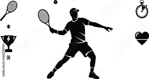 Silhouette of a male tennis player surrounded by sports icons like a racket ball trophy and stopwatch