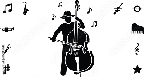 A stick figure musician playing a double bass surrounded by various musical instrument and note icons