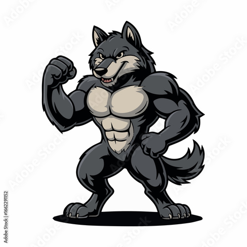 Vector illustration of a muscular wolf cartoon character flexing arms and showing off abs for fitness design