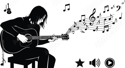 Silhouette of a person playing acoustic guitar musical notes floating away