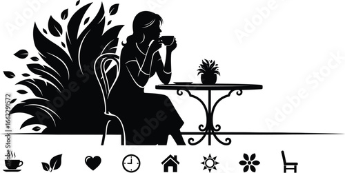 A silhouette of a woman enjoying a drink at an outdoor cafe table with lush foliage in the background, accompanied by various lifestyle icons