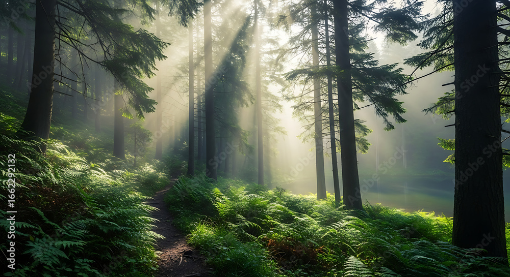 Obraz premium Sunlight streaming through the trees in a lush forest with ferns and a dirt path visible below ai generated