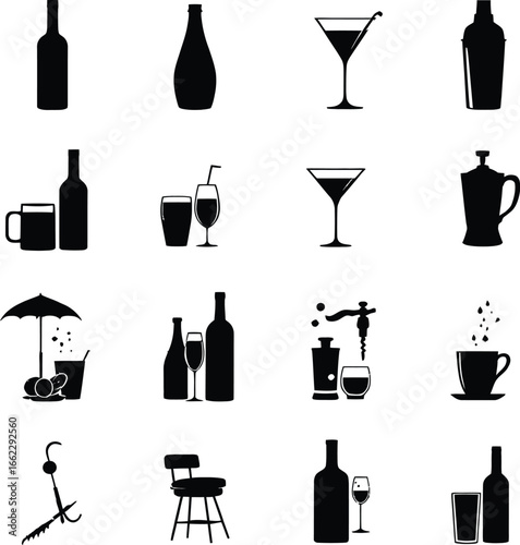 Collection of black silhouette icons depicting various alcoholic and non alcoholic beverages and bar items