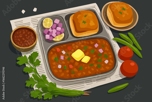 Cartoon Indian Pav Bhaji flatlay showcases authentic snack on tray with newspaper. Great for menu design, recipe websites, and social media.