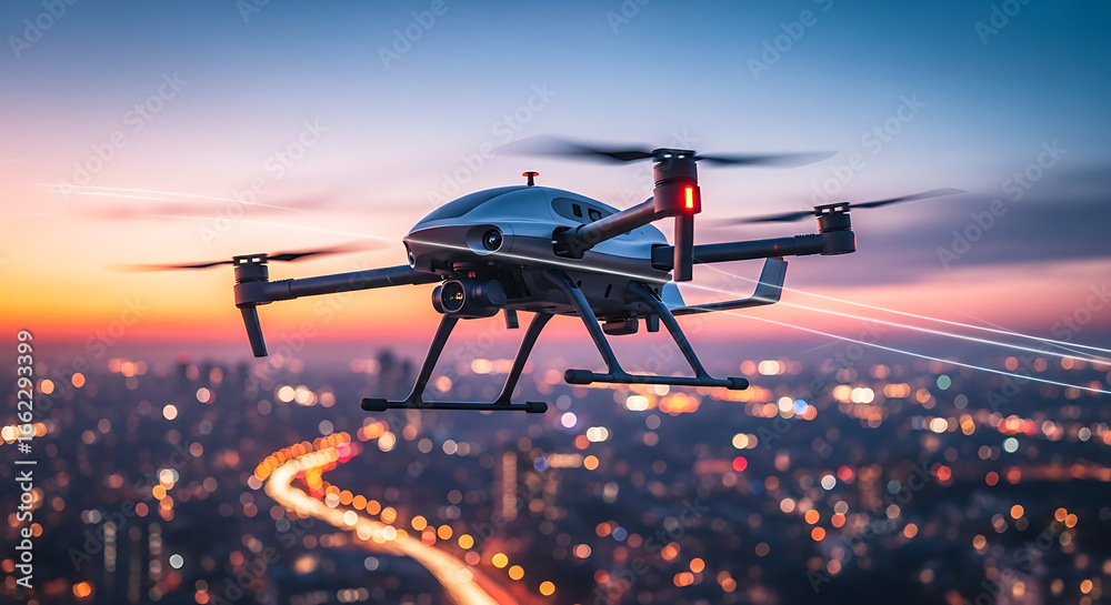 Naklejka premium Aerial drone hovering over a city at dusk with blurred lights and a colorful sky in the background ai generated