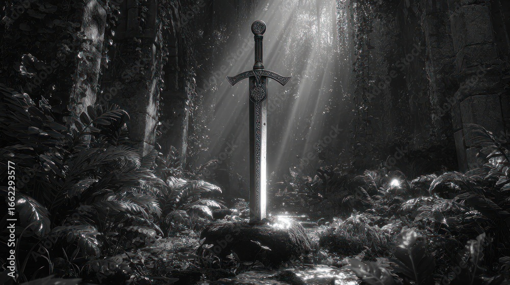 Naklejka premium Sword stands embedded in stone, lit by a beam in a dark, over-grown area