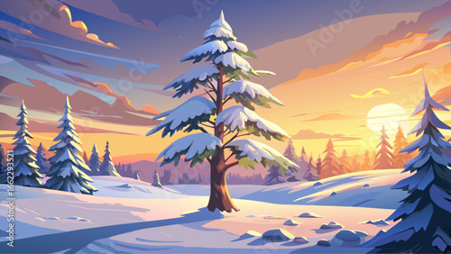 A solitary snow-covered pine tree rises gracefully beneath a winter sunset, golden light blending with frosty branches, shadows stretching across white silence, atmosphere glowing softly, evoking peac