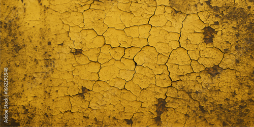 Dried cracks on the old yellow wall and abstract patterns on the earth's surface suggest a natural texture of drought