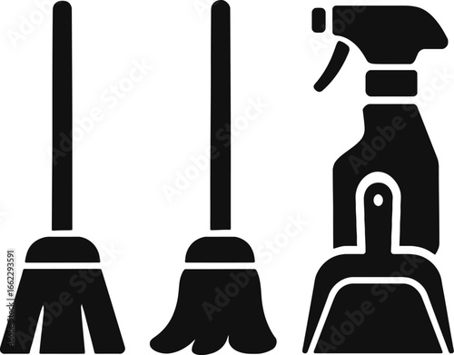 A black and white graphic featuring two brooms and a spray bottle with a dustpan silhouette