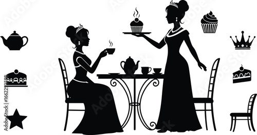 Elegant ladies enjoying afternoon tea with cupcakes and cakes depicted in black and white silhouettes