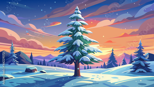 A solitary snow-covered pine tree rises gracefully beneath a winter sunset, golden light blending with frosty branches, shadows stretching across white silence, atmosphere glowing softly, evoking peac