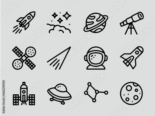 Vector explore space icons vector graphic with rocket astronaut and telescope for astronomy and science projects