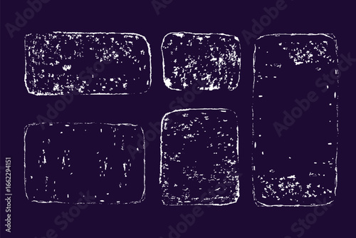 A collection of rough white rectangular frames with a noisy chalk or pencil texture on a dark background. These shapes can be used as labels, frames for text, highlights in posters, or digital scrapbo