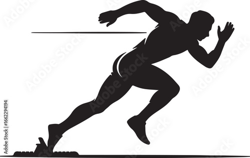 Silhouette of a sprinter exploding from the starting blocks in a race