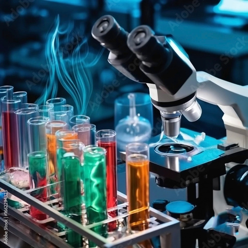 Laboratory test. Microscope, pills, test tube on white background top view