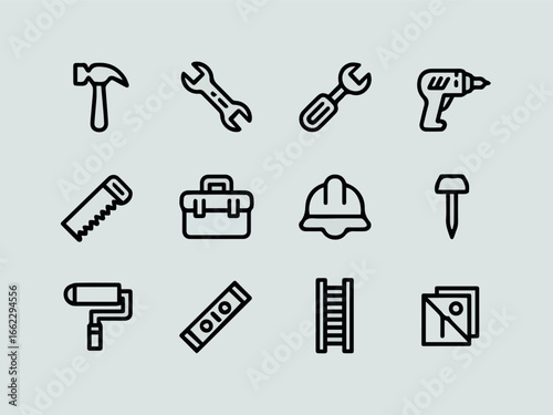 Vector handyman tools vector icon set construction repair equipment hammer wrench drill saw toolbox helmet nail 100