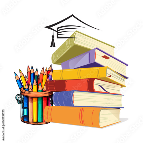 Stack of books with pencils and graduation cap