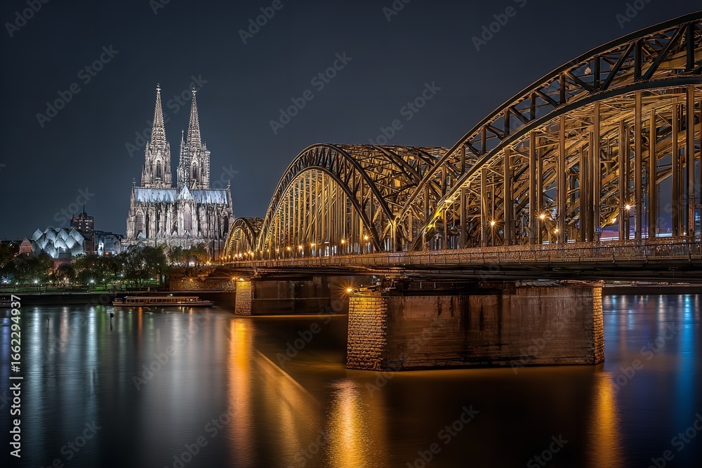 Fototapeta premium Illuminated Cologne Cathedral and Hohenzollern Bridge at Night, reflecting on the River Rhine