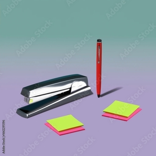 Education-themed composition: Side view photo of desk arrangement displaying pencil holder, pens, books stand. Lamp and plant enhance scene. Blue wall backdrop with sticky notes offers space for text