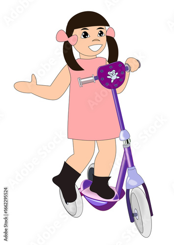 A little girl with pigtails and a pink dress on a kick scooter.