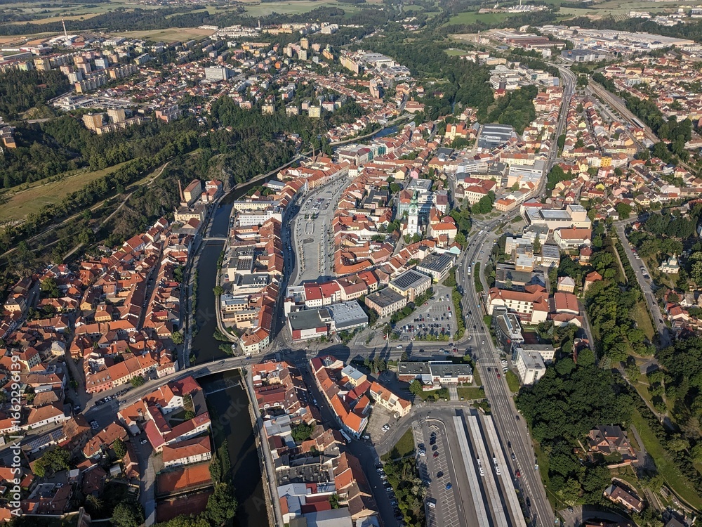 Fototapeta premium Trebic historical city center aerial view including main square and old buildings