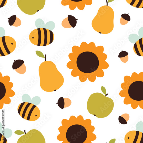 Fall seamless pattern. Cute vector illustration with bees, sunflowers, apples, pears and acorns. It can be used for wallpapers, wrapping, cards, patterns for clothes and other.