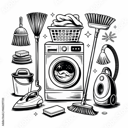 Collection of household cleaning tools and appliances for home hygiene