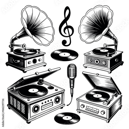 Vintage music collection with gramophones records and microphone
