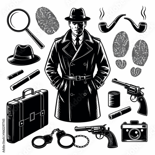 Vintage detective collection with man in trench coat and fedora