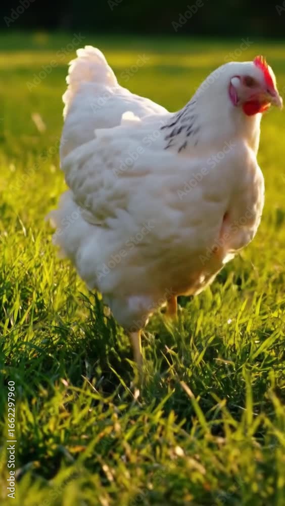 A white chicken waddles across vibrant green grass illuminated by golden sunlight, creating a warm and natural outdoor scene A white chicken waddles across vibrant green grass illuminated by golden sunlight, creating a warm and natural outdoor scene