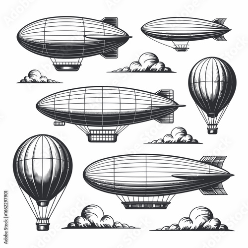Vintage airships and hot air balloons in a sketchy style
