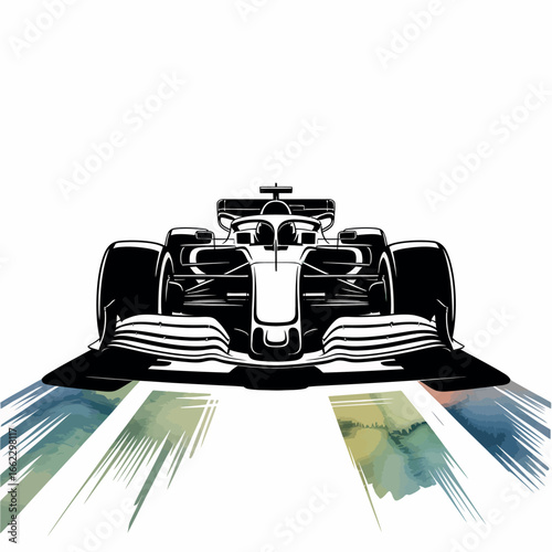 Front view of a sleek formula 1 race car speeding on a track