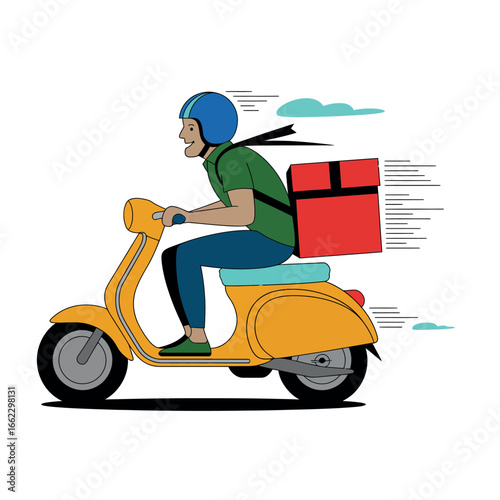 Delivery person riding a yellow scooter with a red insulated bag
