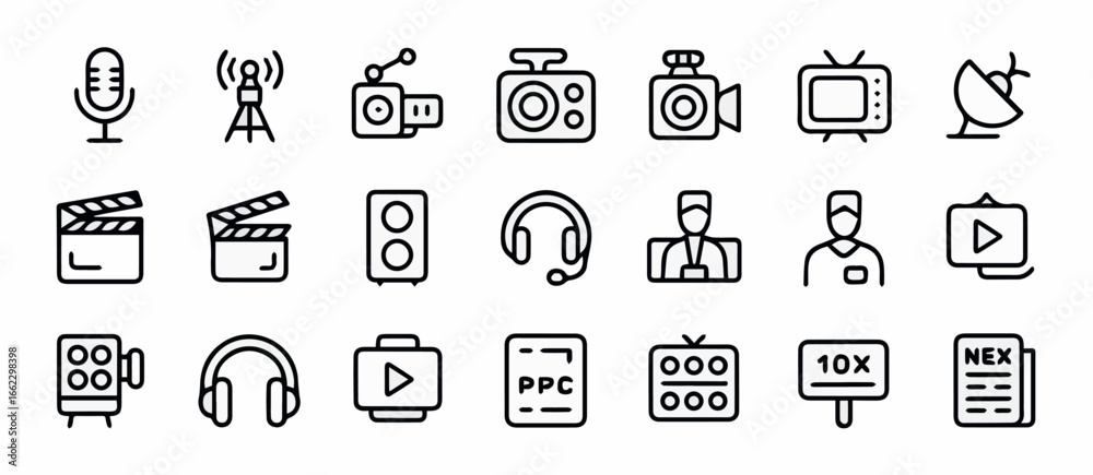 Fototapeta premium Vector media production and broadcasting vector icons set microphone camera television satellite speaker headphones 100