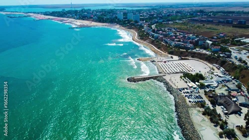 Aerial footage of the beach in Eforie Nord resort - Romania