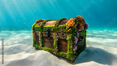 Fototapeta Naklejka Na Ścianę i Meble -  Sunken treasure chest on sandy ocean floor