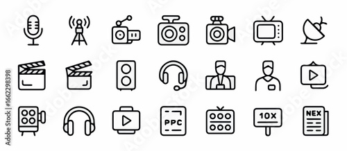 Vector media production and broadcasting vector icons set microphone camera television satellite speaker headphones 100